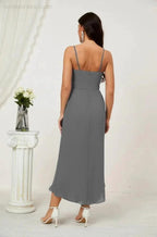 Numbersea Spaghetti Chiffon V Neck Bridesmaid Dress Mid-Length Slit Formal Prom Dress Homecoming Dress 2803