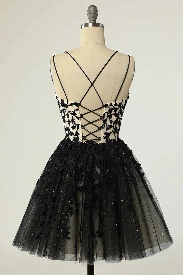 Straps Black Appliques Short Prom Dress Homecoming Dress with Sequins PD475