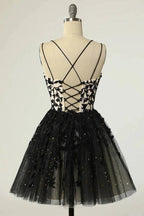 Straps Black Appliques Short Prom Dress Homecoming Dress with Sequins PD475
