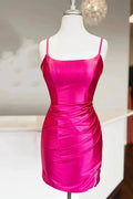 Straps Fuchsia Ruched Bodycon Tight Satin Homecoming Dress PD476