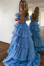 Stylish Blue Strapless A-Line Long Tiered Prom Dress With Belt PSK483