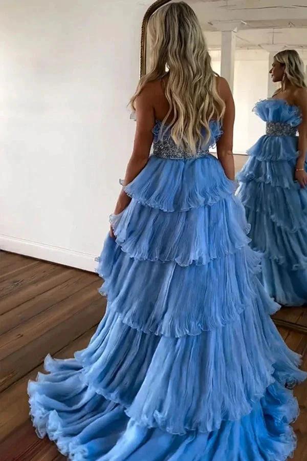 Stylish Blue Strapless A-Line Long Tiered Prom Dress With Belt PSK483