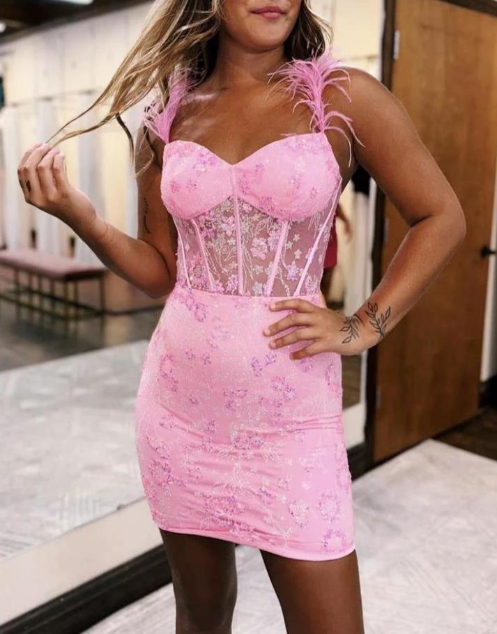 Sweet Lace Up Short Tight Homecoming Dress With Feather Straps