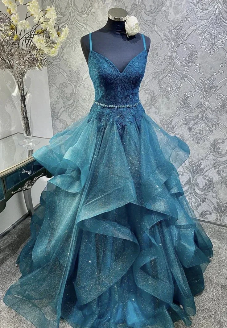 Shiny Blue V-neck Tulle Appliques Sequins Long Prom Dress Spaghetti Strap Evening Dress Y8051