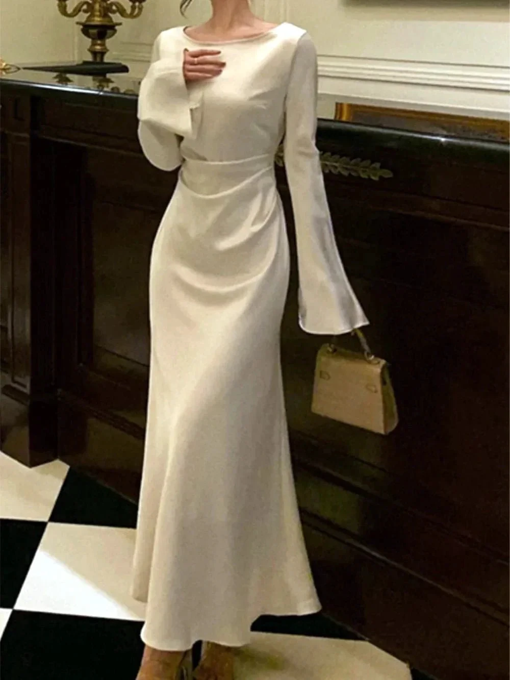 Women's O-Neck Satin Evening Dress Simple White Cocktail Dress Y6894