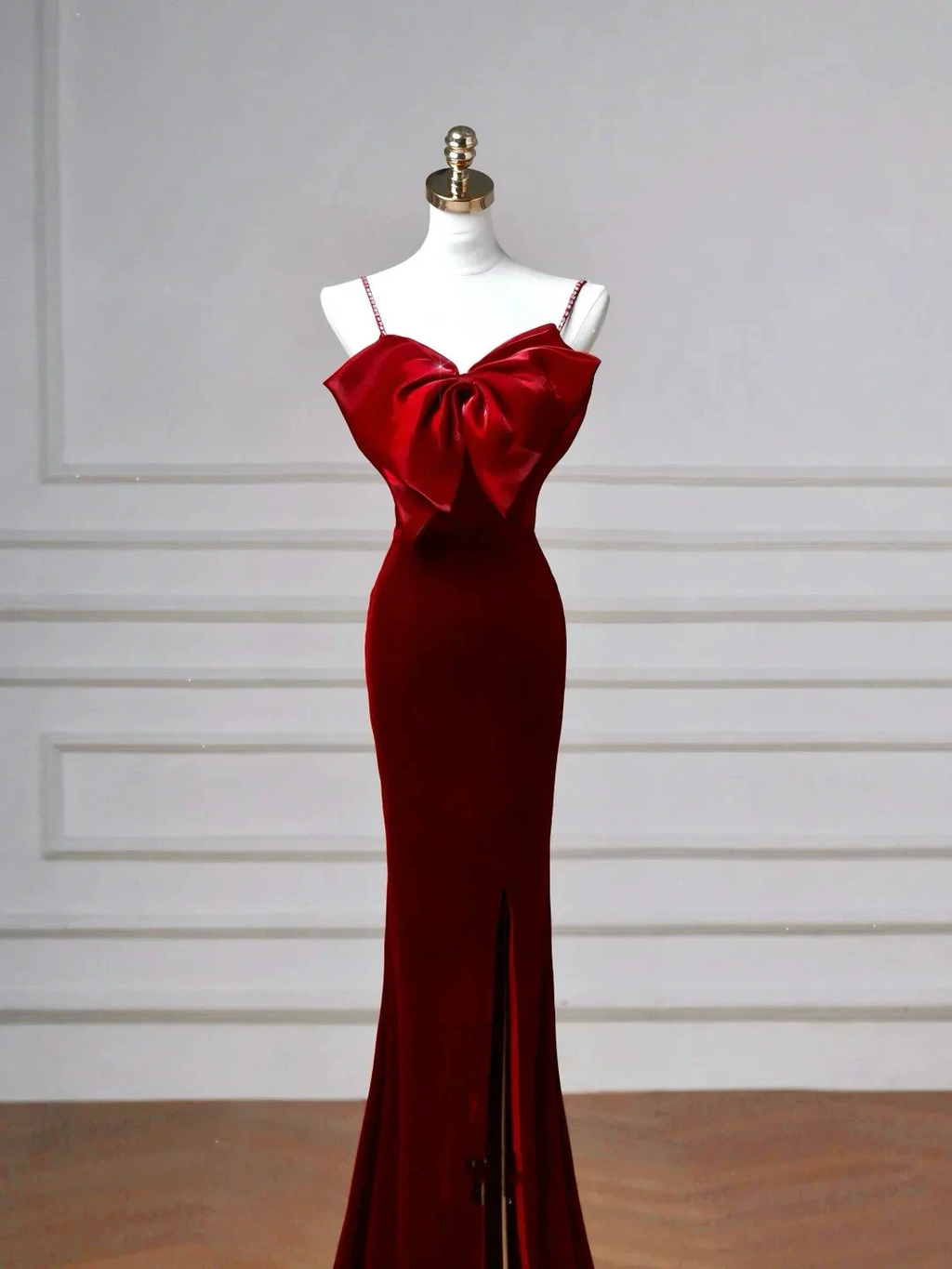 Charming Burgundy Velvet Slit Mermaid Evening Dress Long Prom Dress Y8603