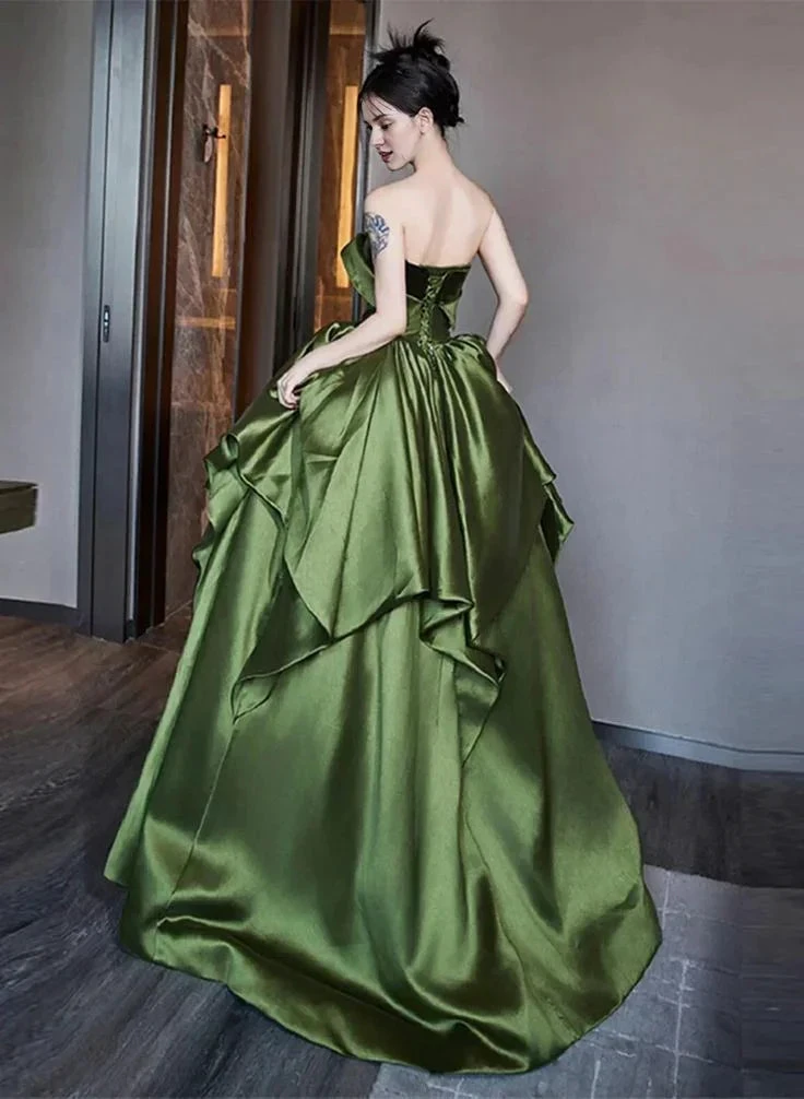 Beautiful Ruched Layered Formal Prom Dress A Line Green Satin Long Ball Gown Evening Dress Y7995