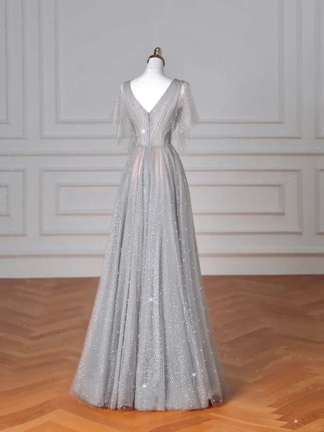 Sparkly Gray Tulle Sequins A Line Prom Dress Sexy V Neck Evening Dress Y8638