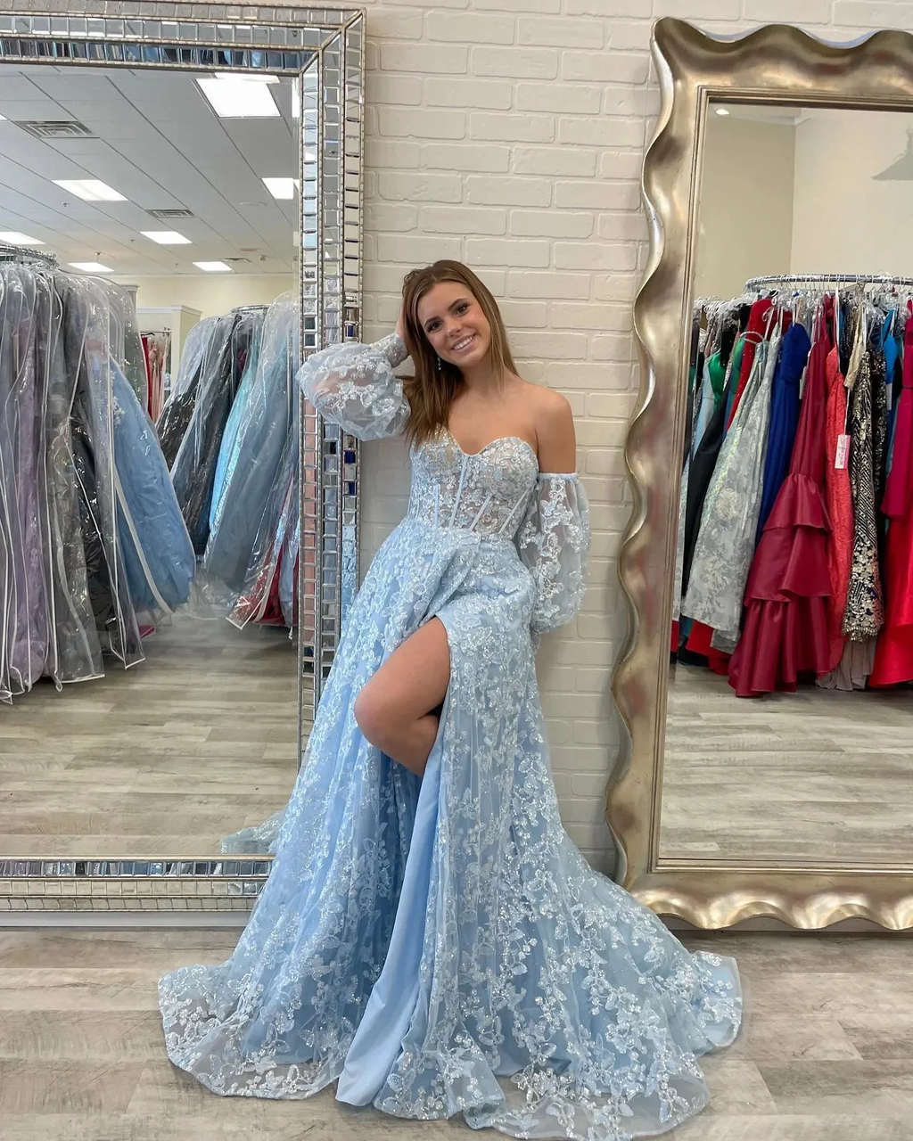 Sparkle Princess Bustier Puff Sleeve Lace Long Prom Dress Detachable Sleeves Evening Dress  Y1805
