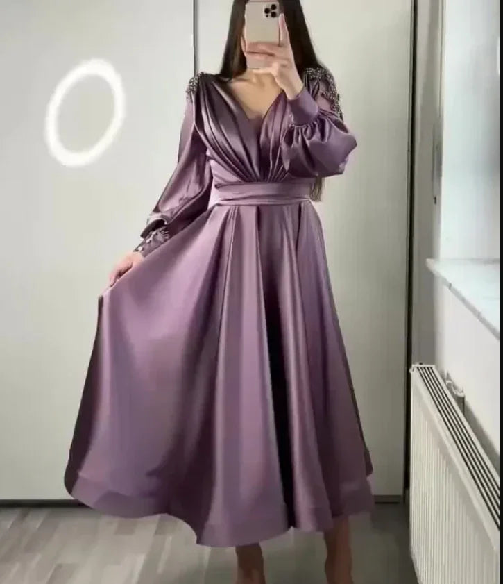 Tea Length Long Puff Sleeve Evening Dress for Wedding Party Beaded Appliques Arabic Short Prom Party Y5018