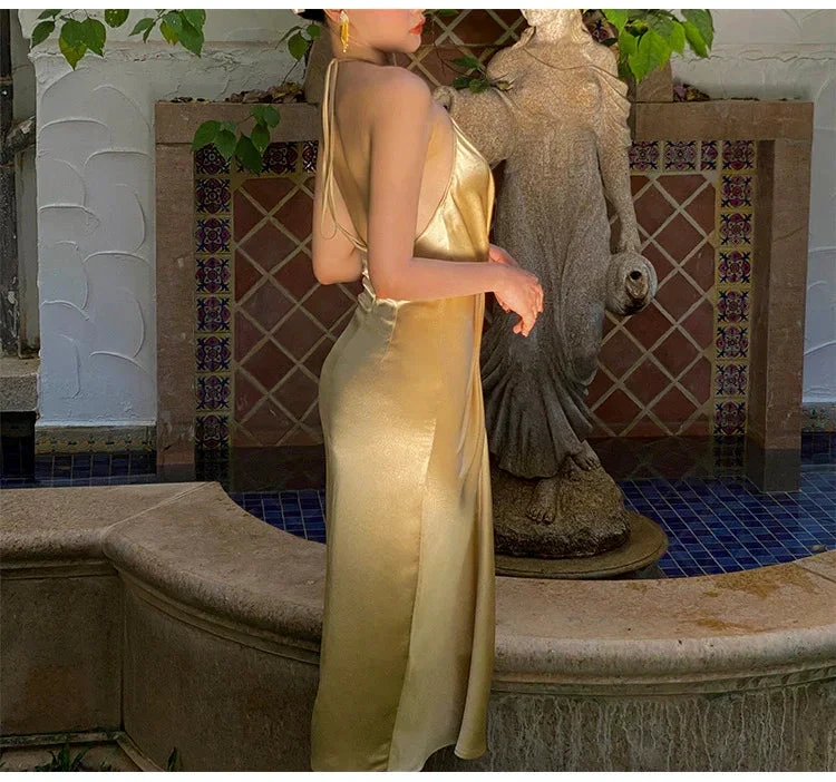 Sexy Halter V Neck Party Dress Champagne Gold Prom Evening Dress Y8211