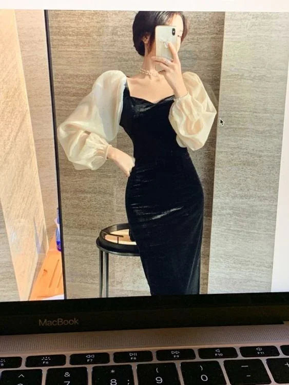 Winter V-Neck Elegant Black Stitching Velvet Dress Female Retro High Waist Puff Sleeves Evening Dress Y5673