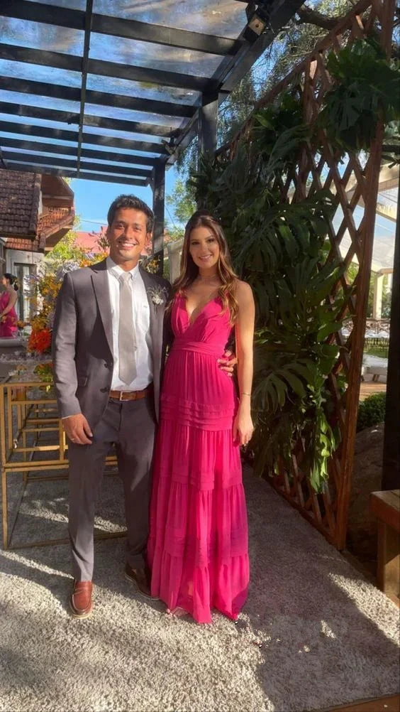 Generous Hot Pink V-Neck Sleeveless Prom Dresses Evening Dress Y1314