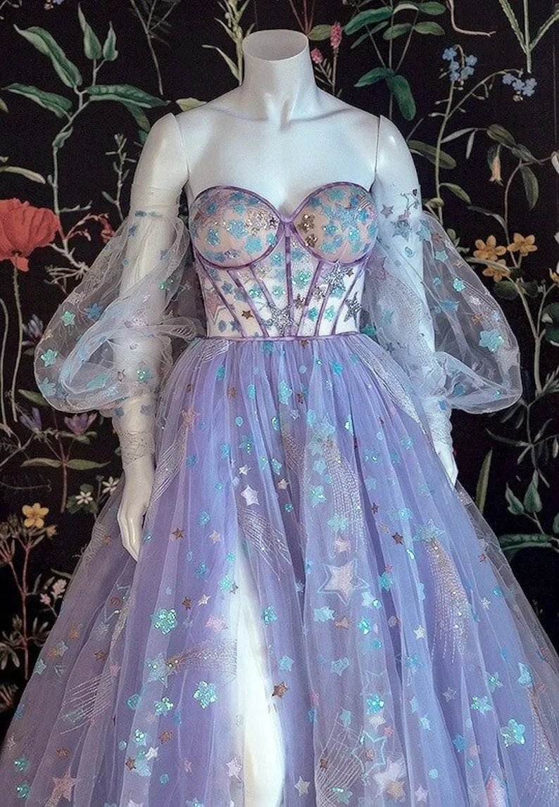 Beautiful Light Purple Tulle Dress Floral Dress Off Shoulder Sweetheart Dress A-line Evening Dresses With Slit Start Applique Long Dress Y932