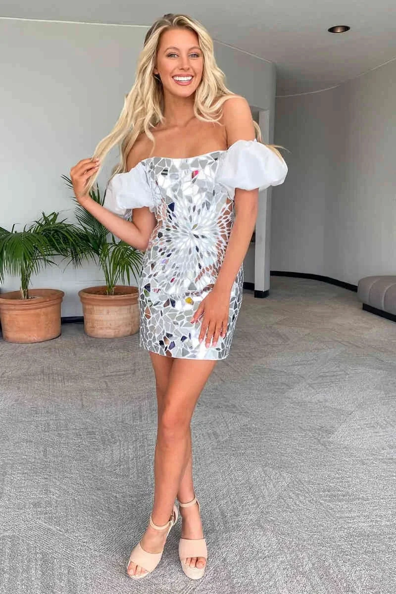 Off the Shoulder Silver Cut Glass Mirror Homecoming Dress Y1919