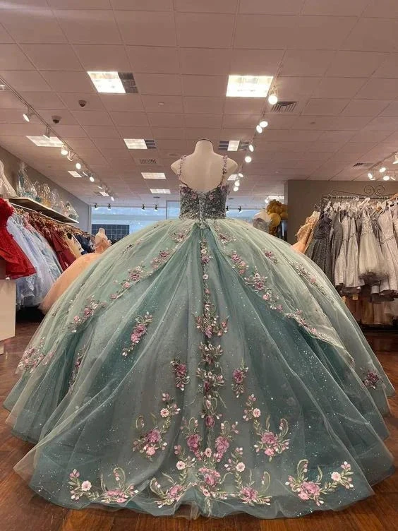 Glitter Sweetheart Spaghetti Strap Quinceanera Dresses Gorgeous 3D Flower Applique Beading Ball Gown  Y4711