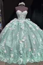 Charming Strapless Lace Appliques Ball Gown,Green A Line Birthday Quinceanera Dress Y8246