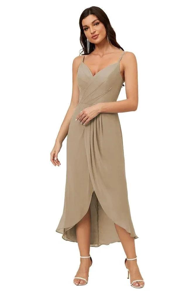 Numbersea Spaghetti Chiffon V Neck Bridesmaid Dress Mid-Length Slit Formal Prom Dress Homecoming Dress 2803