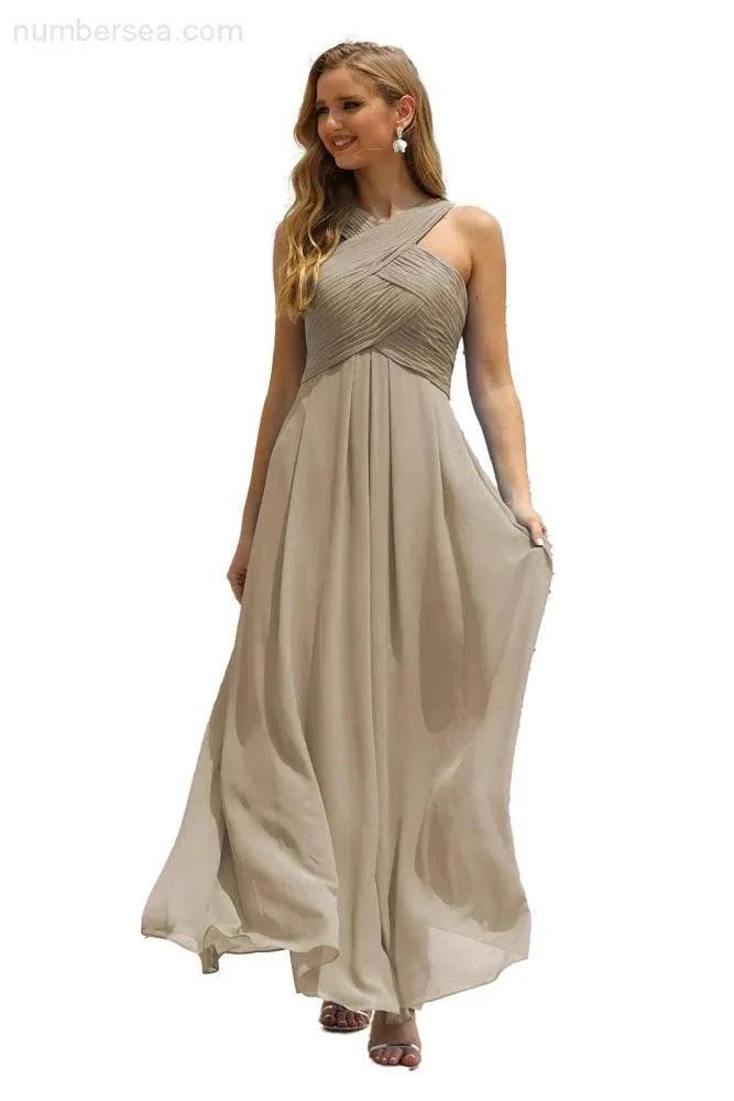 Numbersea Women Halter Chiffon Bridesmaid Dress A-line Long Formal Prom Gown SEA28015