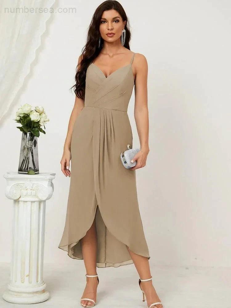 Numbersea Spaghetti Chiffon V Neck Bridesmaid Dress Mid-Length Slit Formal Prom Dress Homecoming Dress 2803