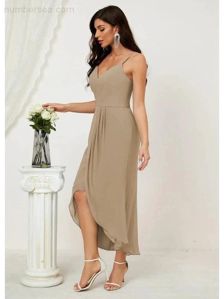 Numbersea Spaghetti Chiffon V Neck Bridesmaid Dress Mid-Length Slit Formal Prom Dress Homecoming Dress 2803
