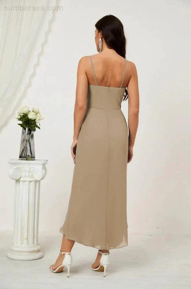 Numbersea Spaghetti Chiffon V Neck Bridesmaid Dress Mid-Length Slit Formal Prom Dress Homecoming Dress 2803