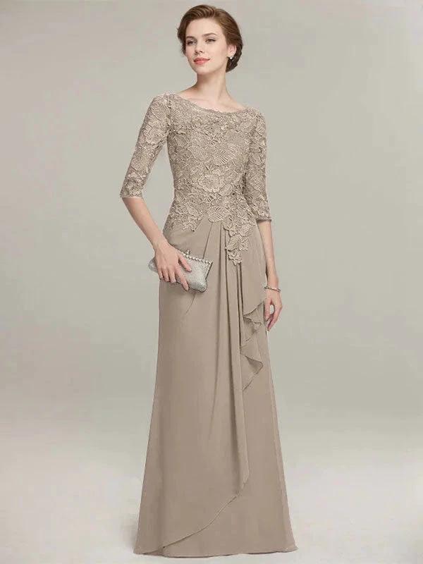 A-line Scoop Illusion Floor-Length Lace Chiffon Mother of the Bride Dress With Cascading Ruffles
