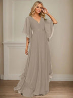 A-line V-Neck Floor-Length Chiffon Mother of the Bride Dress With Sequins Appliques Lace Beading