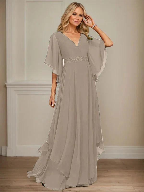 A-line V-Neck Floor-Length Chiffon Mother of the Bride Dress With Sequins Appliques Lace Beading