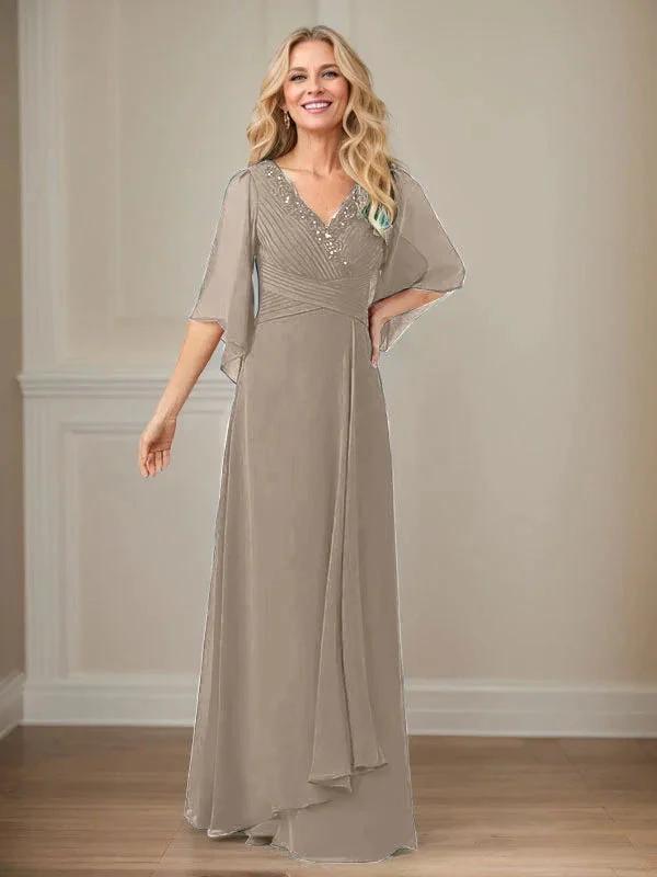 A-Line V-Neck Long Sequins Chiffon Mother Dress