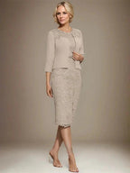 Sheath/Column Scoop Knee-Length Chiffon Lace Mother of the Bride Dress With Beading