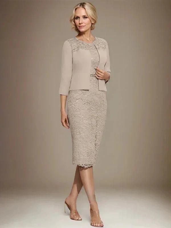 Sheath/Column Scoop Knee-Length Chiffon Lace Mother of the Bride Dress With Beading