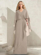 A-line V-Neck Floor-Length Chiffon Mother of the Bride Dress With Cascading Ruffles Beading
