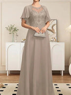 A-line Scoop Illusion Floor-Length Lace Chiffon Mother of the Bride Dress With Sequins