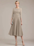 A-line Scoop Tea-Length Lace Chiffon Mother of the Bride Dress