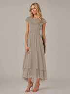 A-line Boat Neck Illusion Asymmetrical Chiffon Lace Mother of the Bride Dress With Applique Pleats