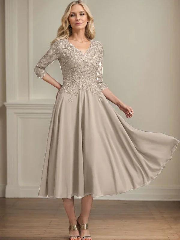 A-line V-Neck Tea-Length Chiffon Lace Mother of the Bride Dress With Beading Sequins