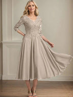A-line V-Neck Tea-Length Chiffon Lace Mother of the Bride Dress With Beading Sequins