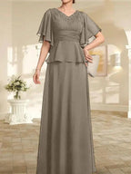 A-line V-Neck Floor-Length Chiffon Mother of the Bride Dress With Pleated Beading