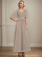 A-line V-Neck Ankle-Length Chiffon Mother of the Bride Dress With Pleated Beading Sequins