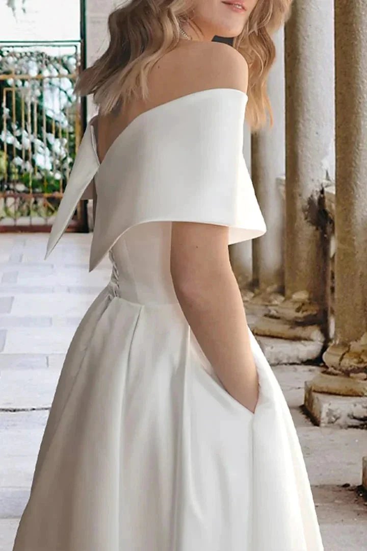 Tea Length Off The Shoulder Beach Satin Wedding Dress with Pockets WD680