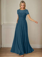 Dark Navy A-Line Boatneck Sequins Chiffon Dress