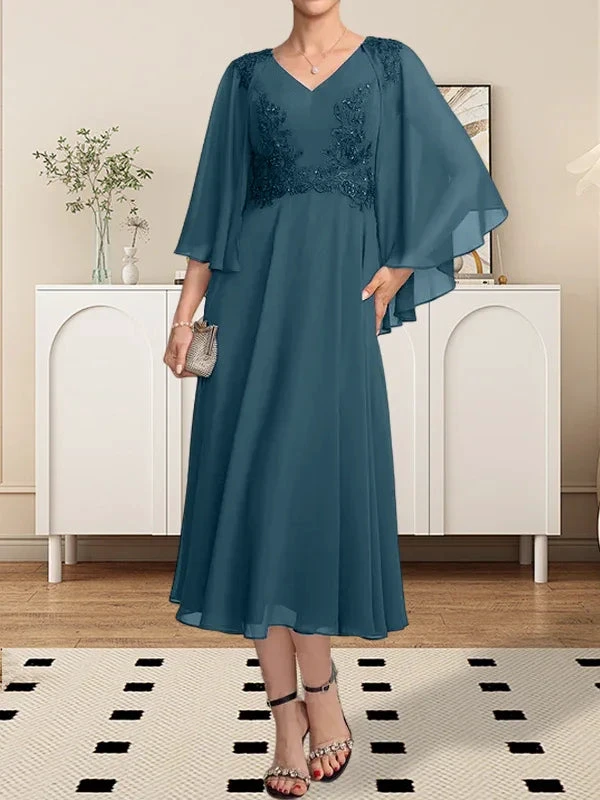 A-line V-Neck Tea-Length Chiffon Lace Mother of the Bride Dress With Beading Sequins