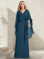 A-line V-Neck Floor-Length Chiffon Mother of the Bride Dress With Cascading Ruffles Beading