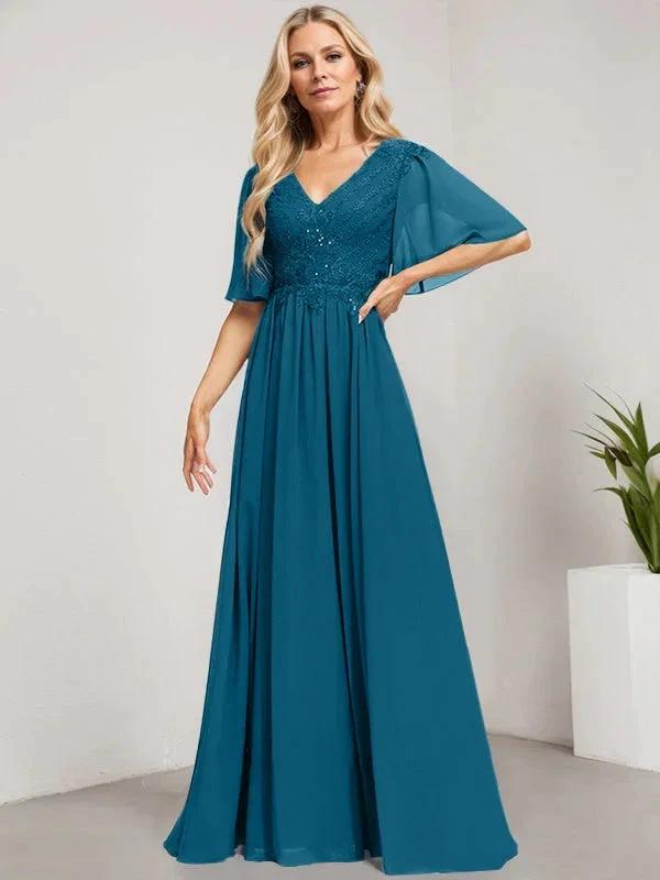 A-line V-Neck Floor-Length Lace Chiffon Mother of the Bride Dress With Sequins