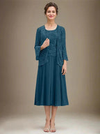 A-line Scoop Tea-Length Lace Chiffon Mother of the Bride Dress With Sequins
