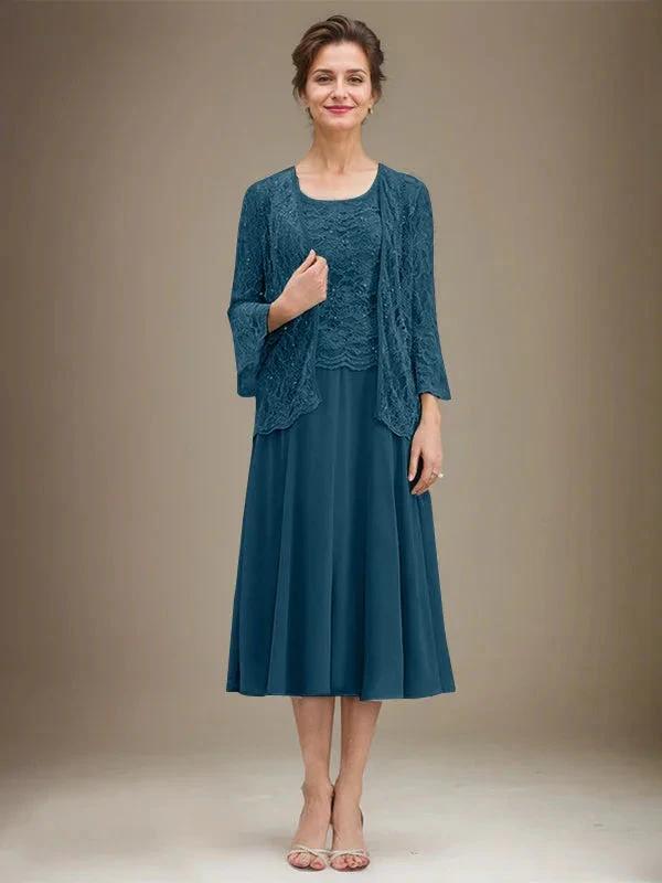 A-line Scoop Tea-Length Lace Chiffon Mother of the Bride Dress With Sequins