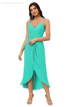 Numbersea Spaghetti Chiffon V Neck Bridesmaid Dress Mid-Length Slit Formal Prom Dress Homecoming Dress 2803