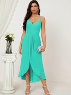 Numbersea Spaghetti Chiffon V Neck Bridesmaid Dress Mid-Length Slit Formal Prom Dress Homecoming Dress 2803