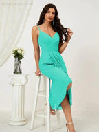 Numbersea Spaghetti Chiffon V Neck Bridesmaid Dress Mid-Length Slit Formal Prom Dress Homecoming Dress 2803